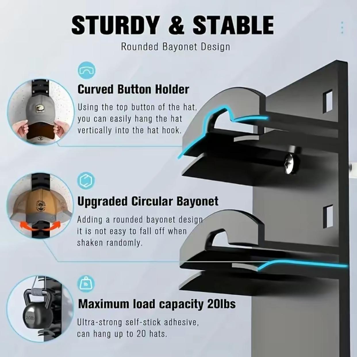 Wall Mounted Baseball Cap Storage Rack, 1/2 Counts Multipurpose Wall Mounted Hat Hook, Hat Storage Display Rack for Closet Door & Bedroom, Shelves, Hat Hanger Holder