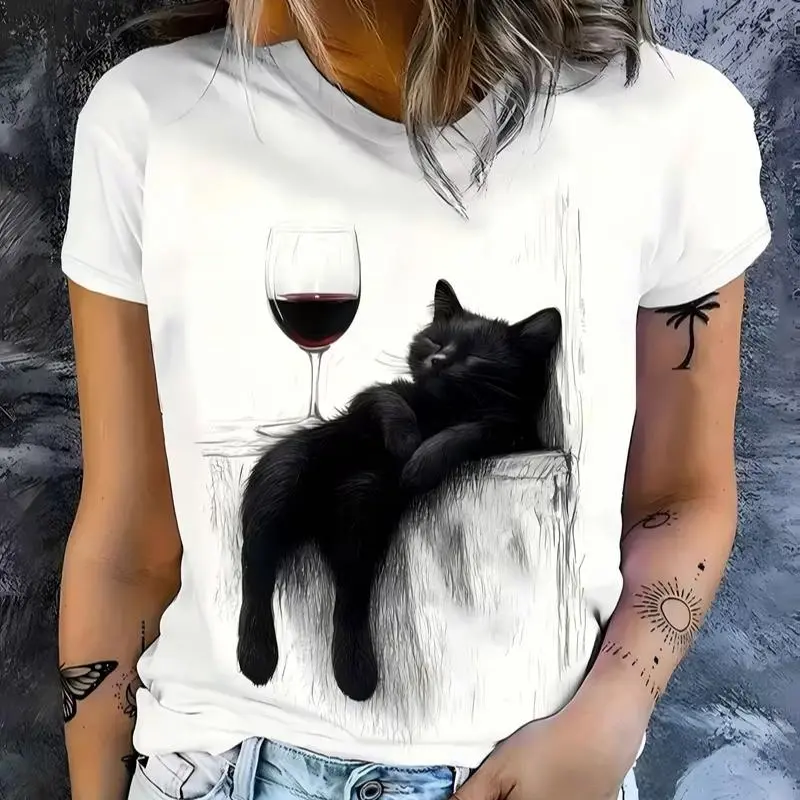 Women's Lazy Black Cat With Red Wine Glass Graphic T-Shirt Cat Lover Wine Lover Casual Short Sleeve Tee