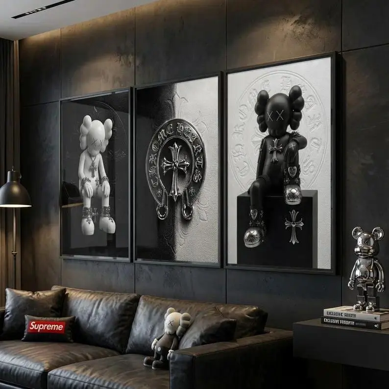 Black and White Gothic Wall Art Posters, Cross-Eyed Art Toy & Silver Cross Designs, Streetwear Aesthetic Prints, Black Framed Decor for Bedroom, Living Room & Gaming Room