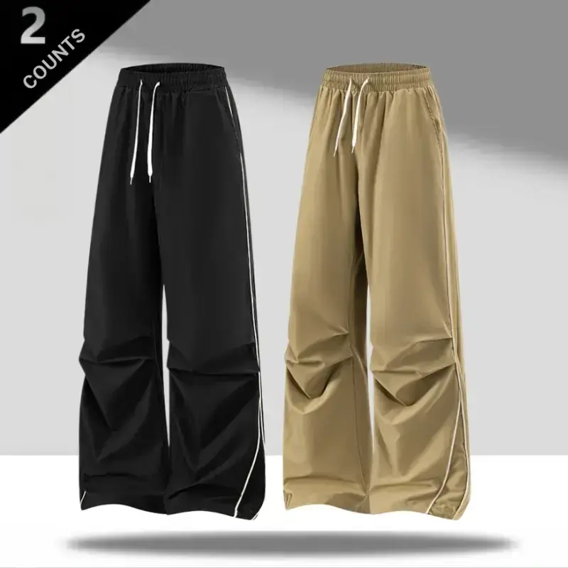 Unisex double sided striped crinkled wide leg parachute pants – high elastic drawstring waist, 3D pleats, white line detail, lightweight quick dry wrinkle resistant fabric, Y2K American retro streetwear baggy trousers for skateboarding, cycling & everyday