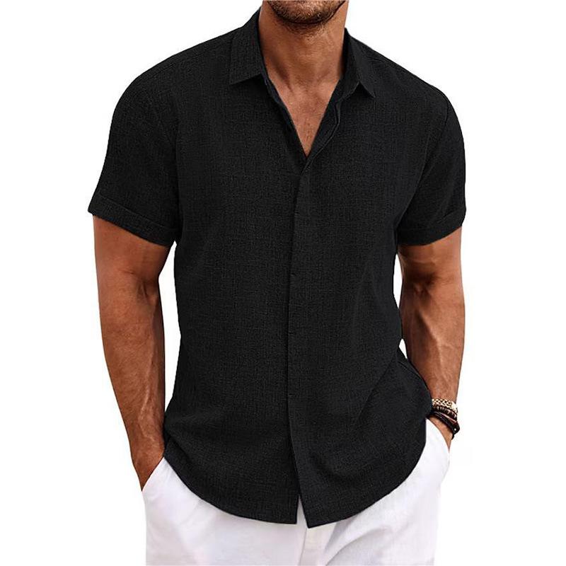 Men's Plain Linen-Polyester Short-Sleeve Button-Down Shirts - Loose-Fitting, Collared Neck, Lightweight, Breathable, Skin Friendly, Street Casual Tops for Daily, Semi-Formal Menswear
