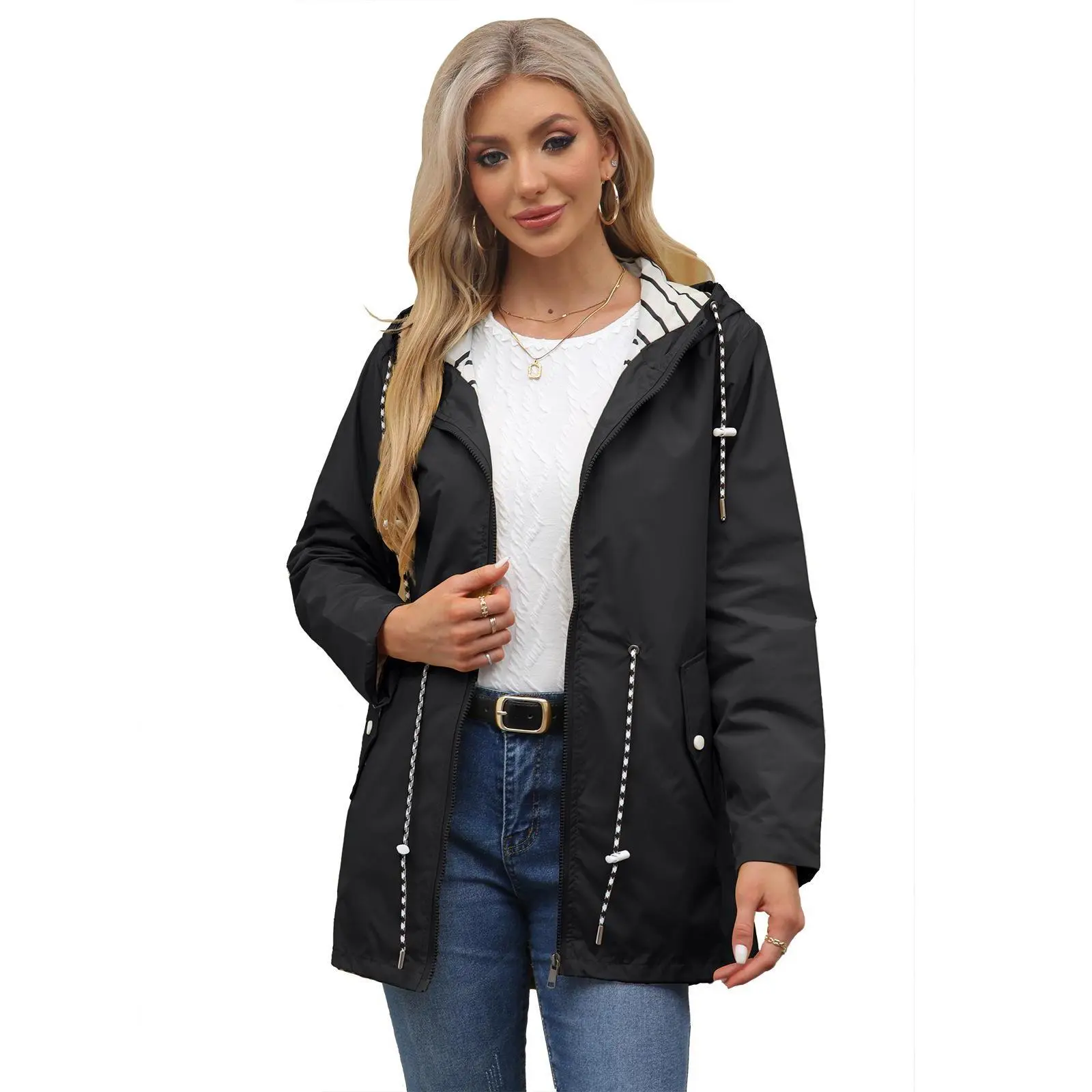 BIGWIG Women's Lightweight High-Quality Hooded Raincoat, Waterproof and Windproof Jacket, Hooded Design, Solid Color Hooded Jacket, Drawstring Waist, Outdoor Coat, Suitable for Rainy Days and Travel, Sports Raincoat, Hooded Striped Sports Jacket