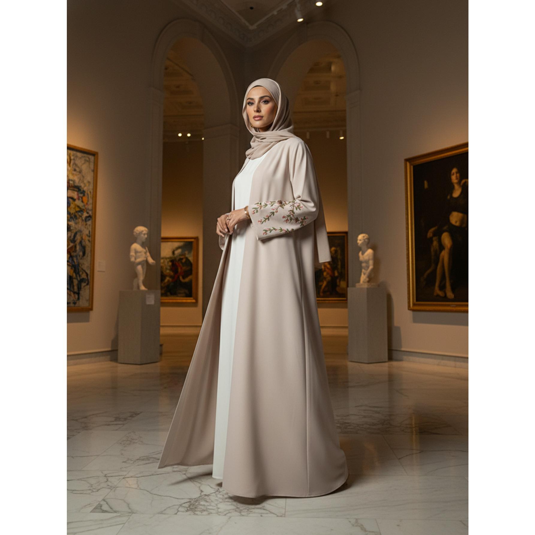 Elegant Beige Floral Embroidered Open Abaya Modest Kimono Gown | One Size Fits All S-2XL | Perfect for Ramadan, Eid, Resort Wear & Daily Chic