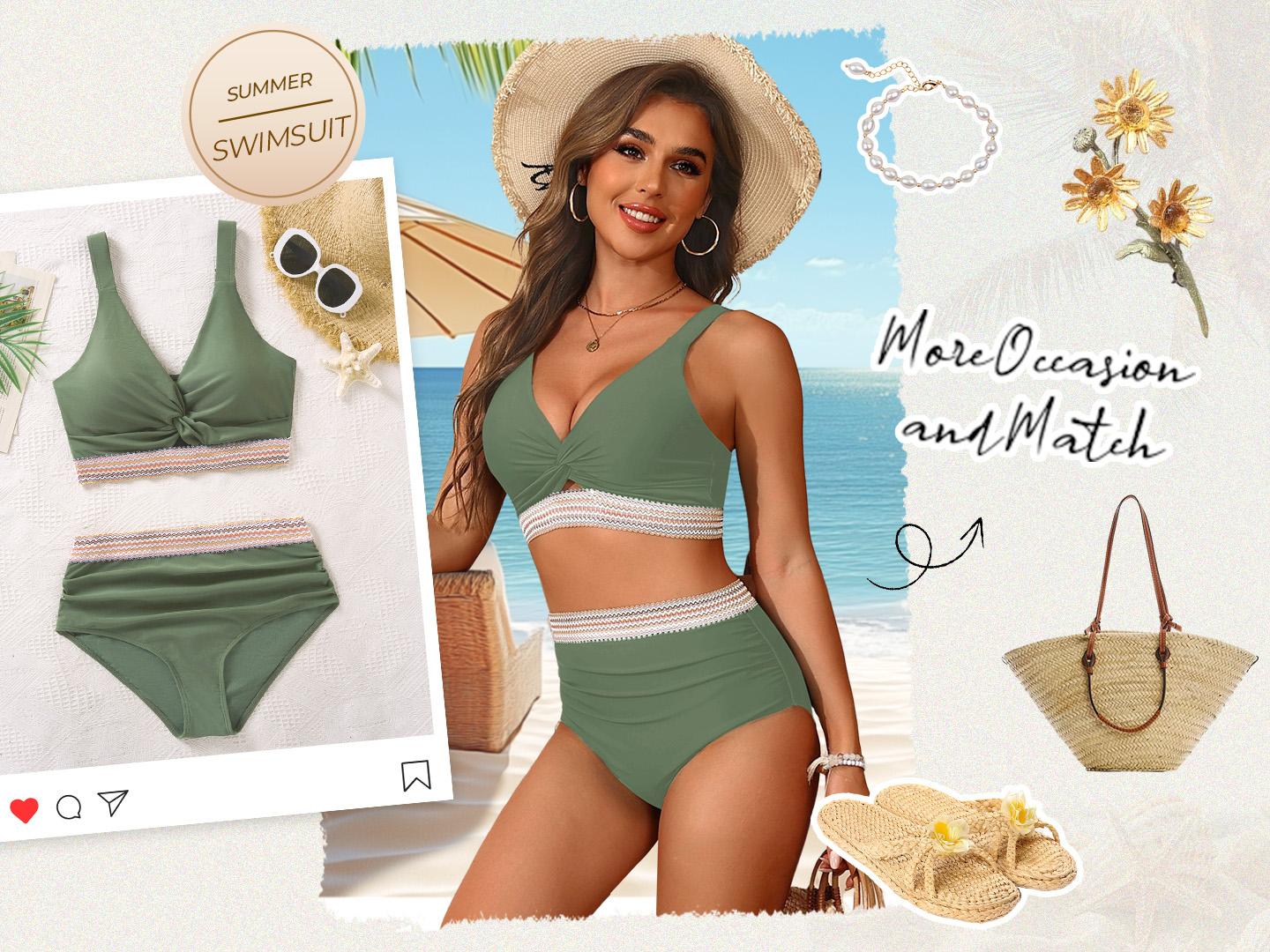 Yonique Women's High Waisted Bikini - Twist Front Two Piece Swimsuit Color Block Full Coverage Bathing Suit Yonique Women's High Waisted Bikini - Twist Front Two Piece Swimsuit Color Block Full Coverage Bathing Suit