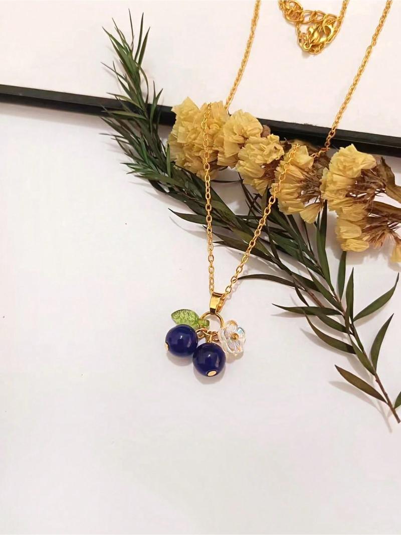 Fashion Trendy Blueberry Acrylic Leaf Flower Pendant Necklace, Simple Design Women Fruit Party Vacation Versatile Necklace