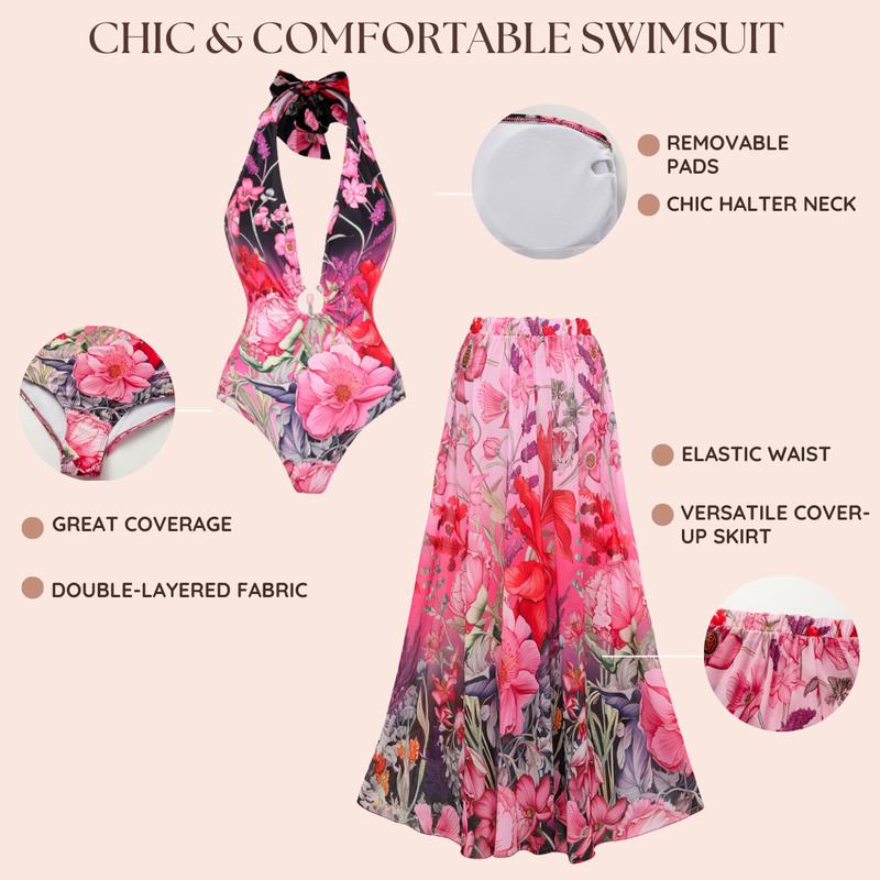 FLAXMAKER Women's Deep V Halter Backless Floral Print One-Piece Swimwear and Matching Cover Skirt Set Summer Swimdress Swimsuit & Coverup Bathing Suit Beachwear #TikTokShopBlackFriday