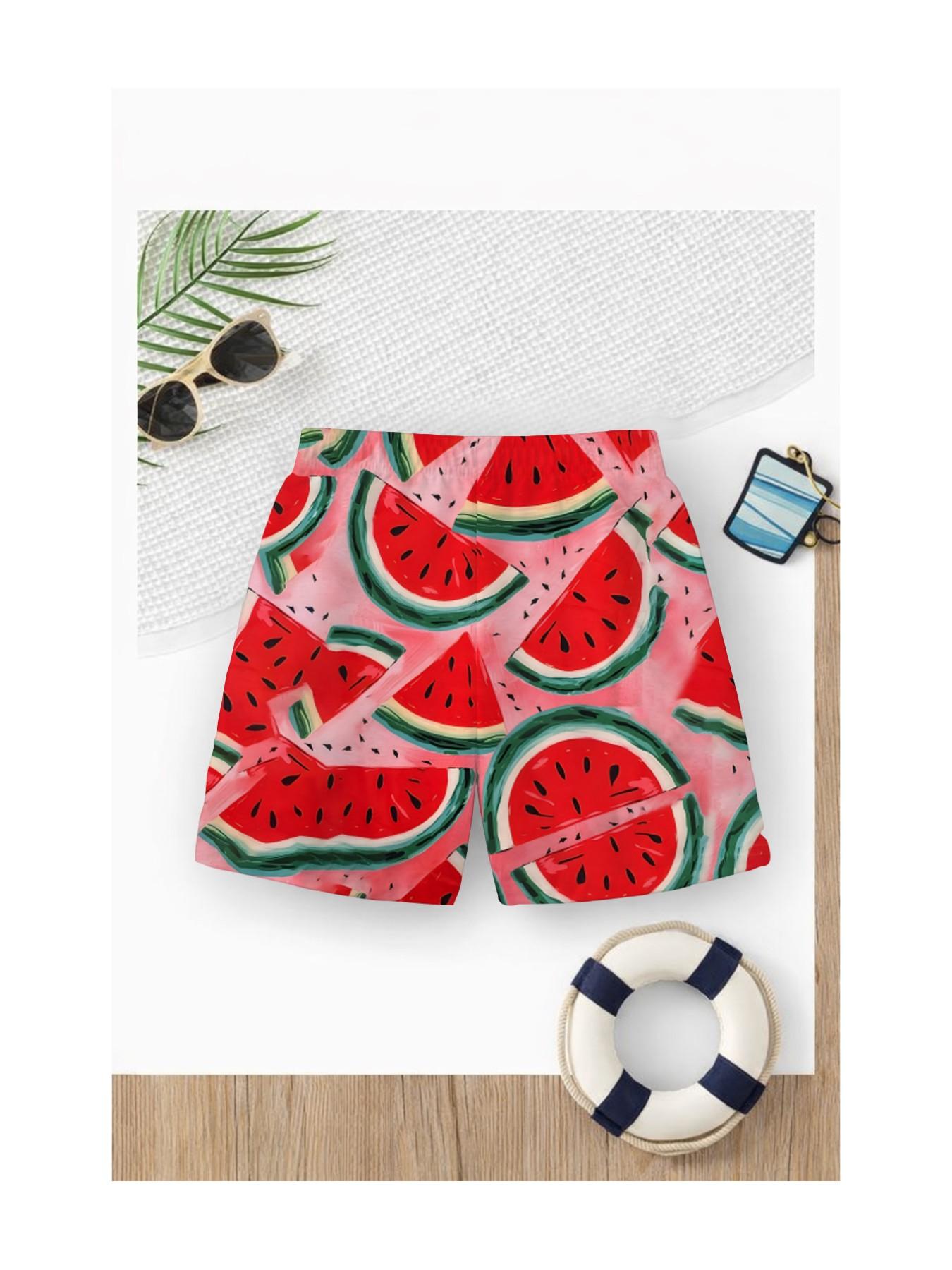 Summer Boys' Watermelon Print Drawstring Beach Pants, Loose Fit Short Swim Trunks, Casual Cartoon Pattern, Ideal for Vacation