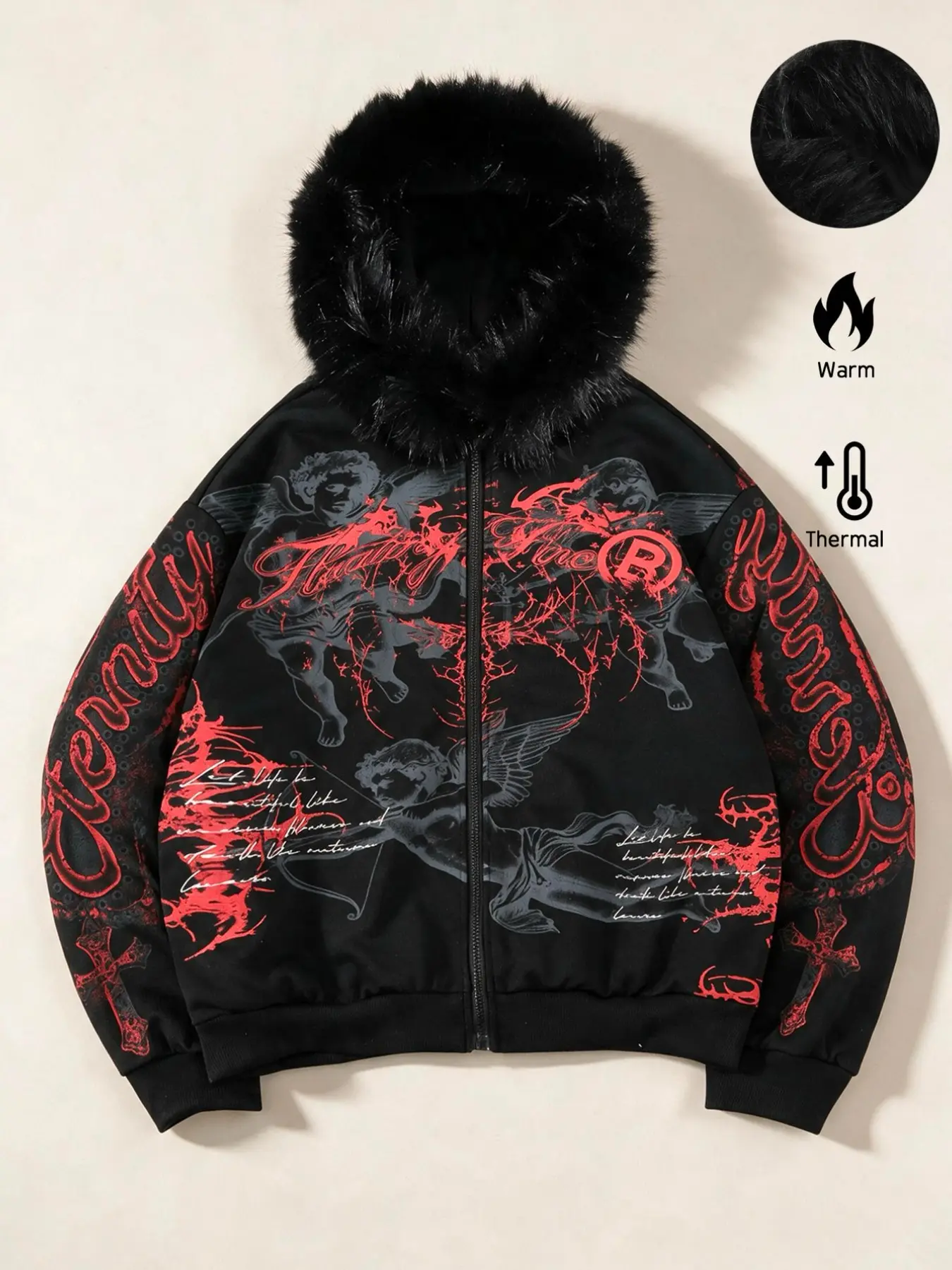 Men’s Gothic-style angel-print hooded zip-up jacket, streetwear-inspired outerwear, unisex Y2K dark-punk style loose-fit jacket