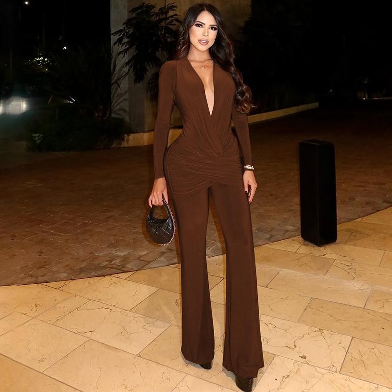 Women Spring Autumn Long Sleeve V Neck Bodycon Jumpsuit Overall One Piece Outfit