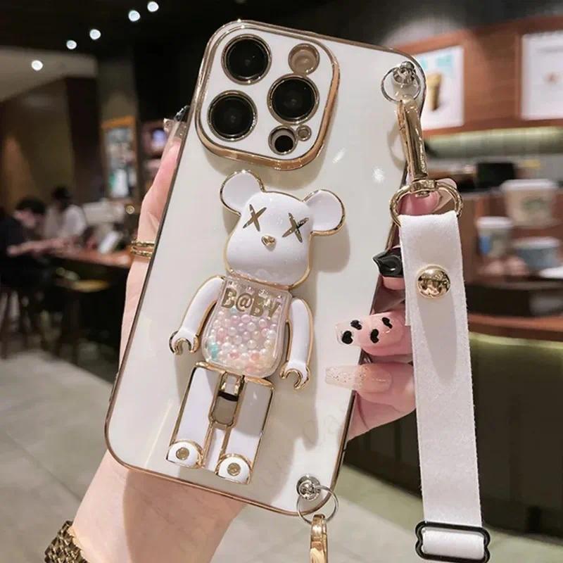 Plating Cover Quicksand Bear Stand Phone Case with Lanyard Strap, Ring & Dustproof Design for iPhone 15 14 13 12 11 Pro Max 7 8 Plus, Scratch Resistant