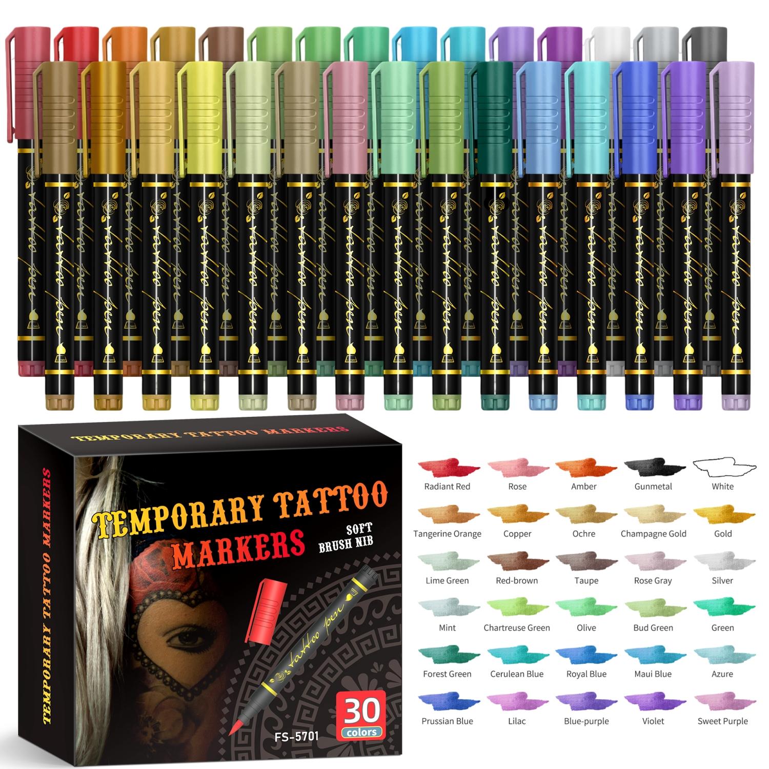 Temporary Tattoo Markers for Skin, 10/15/30-Count Body Markers+ Large Tattoo Stencils, Mehndi Stencils,10/15/30 Colors Tattoo Pens,Flexible Brush Tip, Bright colors, Face Paint Kit Quality,Halloween makeup