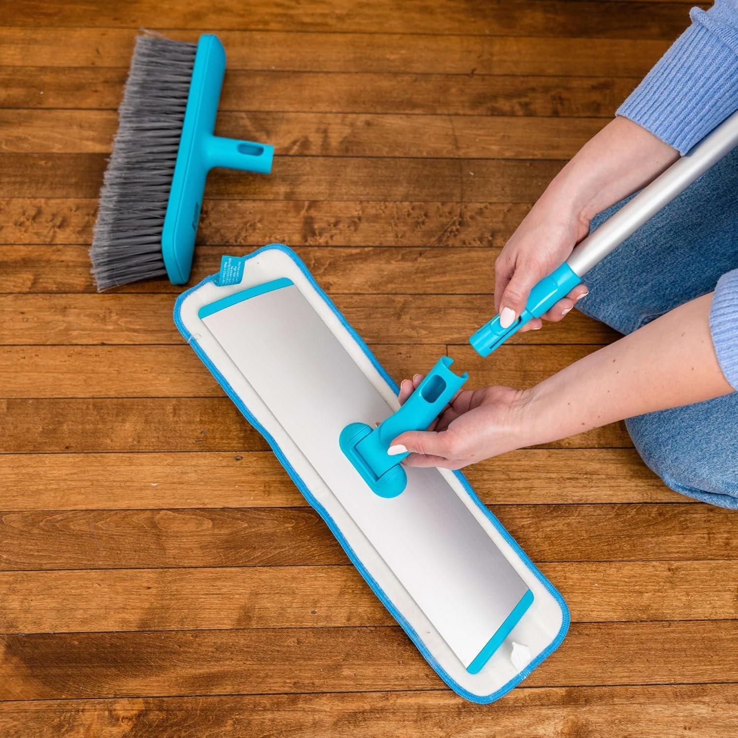 Easy-Click  Cleaning Supplies Set - Dust Broom & Flat Mop Kit for Floor Cleaning, Wall, Ceiling, & Floor Duster, Adjustable Handle, Interchangeable Heads, Washable Pads, No Refills Needed