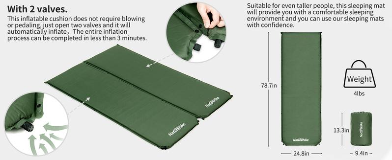 Naturehike Self-Inflating Sleeping Pad with/without Pillow, Ultra-Light, Waterproof Camping Mattress for Backpacking, Connectable for Multi-Person Use portable inflatable FathersDayGift