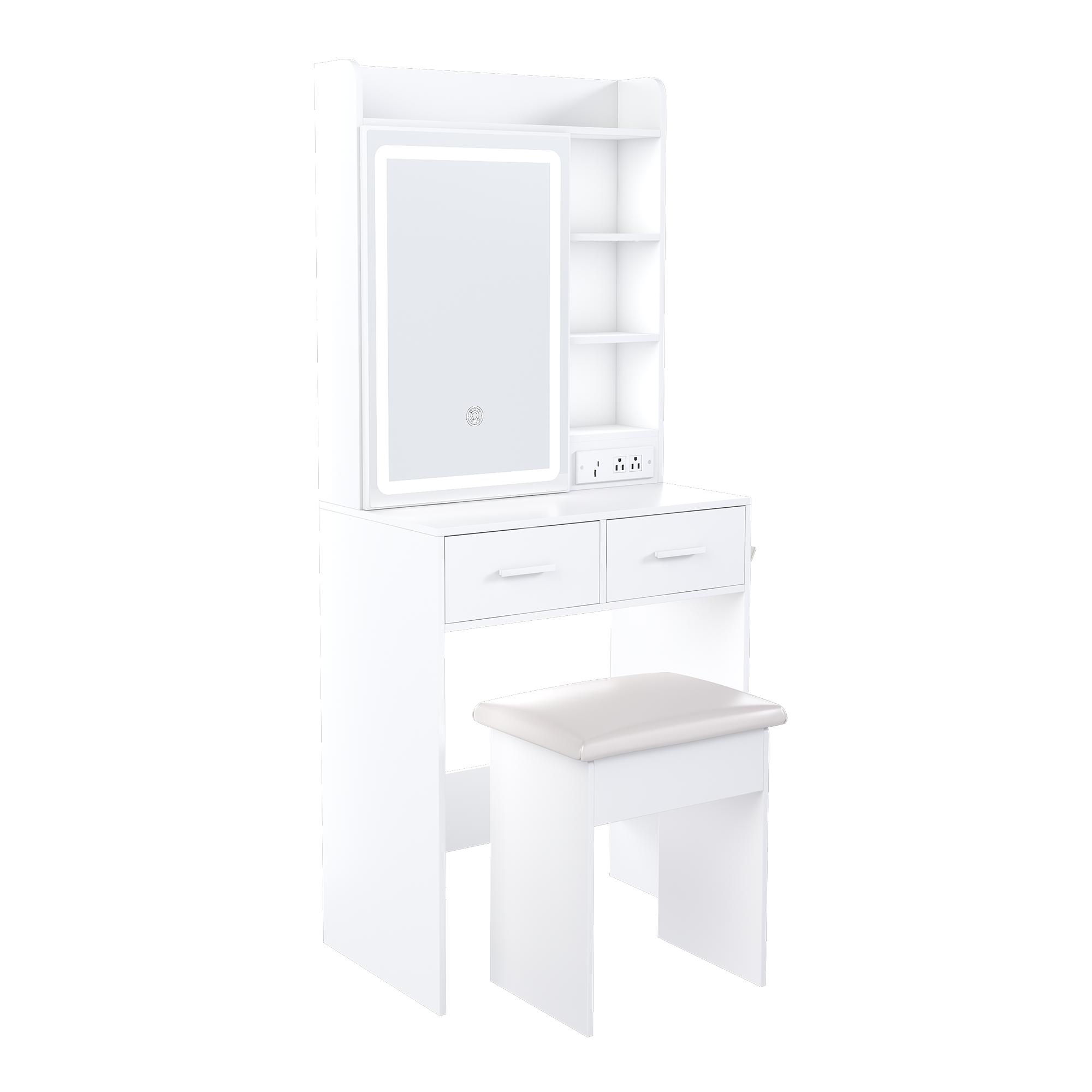Small Vanity Desk with Mirror and Lights, Makeup Vanity Table with Power Outlet & 2 Drawers & 6 Shelves & Stool,Dressing Table Set for Bedroom, Brightness Adjustable, White