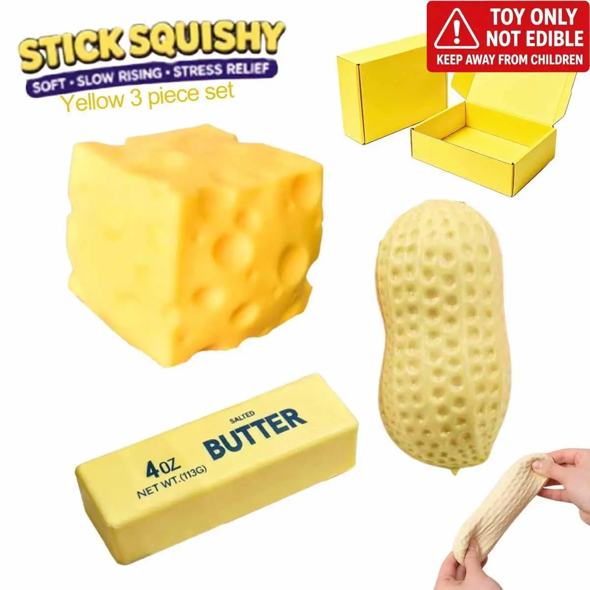 Squishy Cheese Block , Peanuts, square sticks - Yellow, moldable fidget Toy with Squeeze Feature, Ideal for Play and Relaxation Giant Cheese Squishy Moldable Non-Rebound & Slow Rebound Fidget Toy| Viral ASMR Stress Ball Glutinous Squishy Fidgets