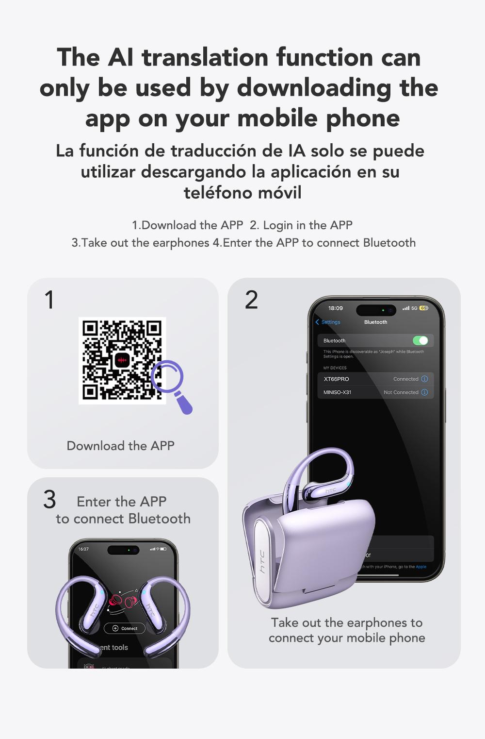 HTC NE23 Translation Earbuds, OWS Open Ear Headphone,Supports Translation in 134 Languages With APP, Bluetooth 6.0 Earphones, Wireless Earbuds for Music & Phone Calls, IPX5 Waterproof Sports Headphones with Long Endurance