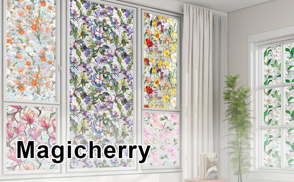 Rainbow Floral Window Privacy Film Sun Blocking 3D Decorative PVC Stained Window Decals Non-Static Cling Sticker for Home Office, 16.93 x 39.37 Inch.