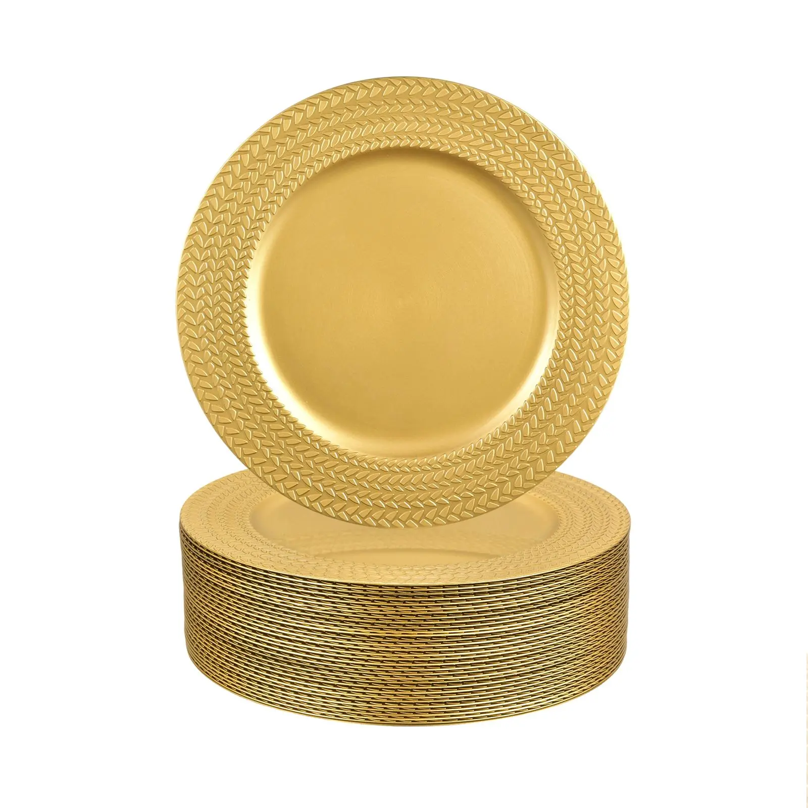 13-Inch Round Reusable Plastic Gold Charger Plates with Wheat Pattern Rim, Indoor Tableware Set for Weddings, Room Decor