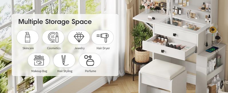 Vabches Small Makeup Vanity Desk with 3 Adjustable Lighted Mirror, Vanity Set with Fold-up Panel and Charging Station, Glass Top Dressing Table with Drawers and Chair, 2 Hidden Storage Shelves