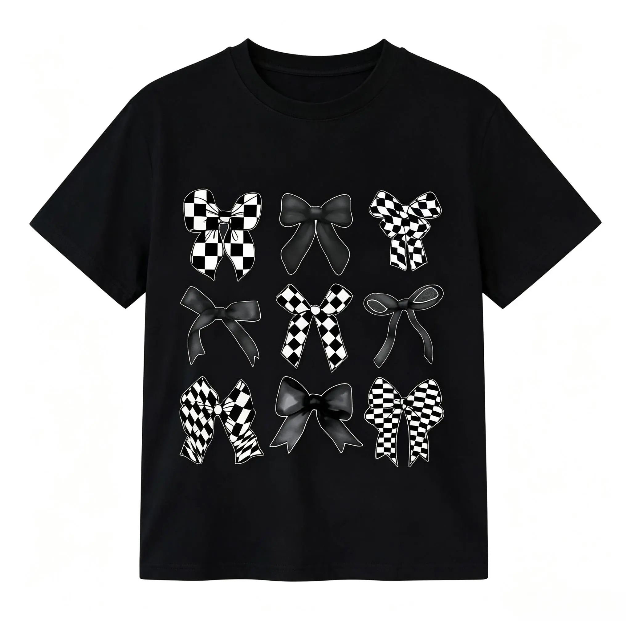 Women's Plus-Size T-shirt with a Stylish Bow Print, Casual Round Neck Style with Short Sleeves for Daily Leisure, Fits, Lady, Tshirt, Fashion Apparel, Plus Size Clothes, Tee, Top, Women's Tops, Shirts For Women