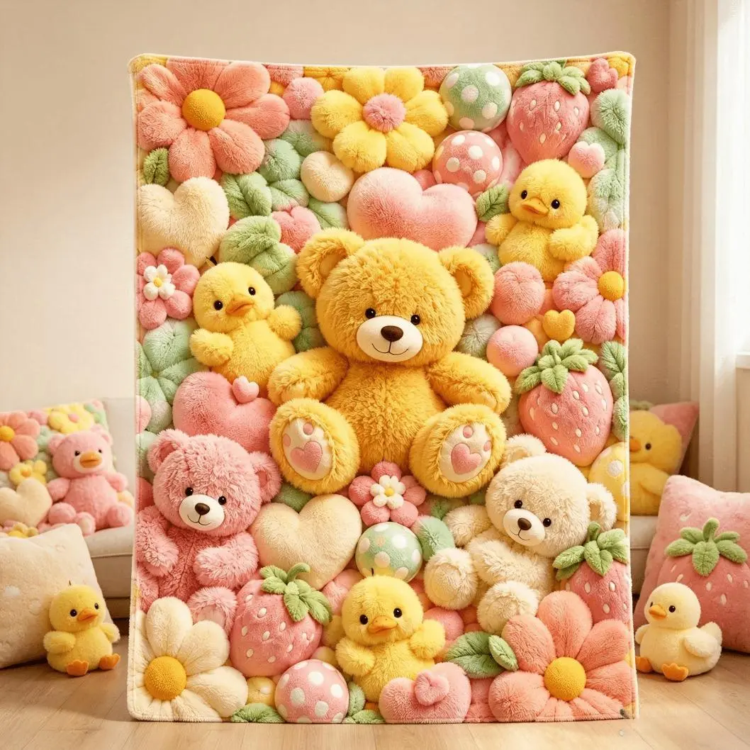 Cute Pastel Kids Flannel Throw Blanket, Teddy Bear Duckling Strawberry Heart Cooling Blanket with Spring Floral Print Design, Soft Cozy Lightweight Blanket for Bed Couch Sofa Dorm Room Home Decor, Girls Toddlers Adults Kawaii Gift, Birthday Holiday Presen