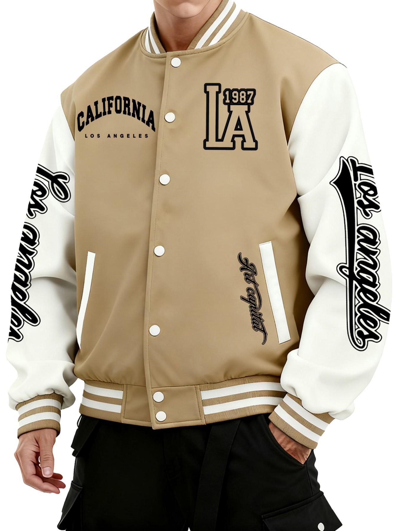Men's Los Angeles Baseball Jacket with California Letter Print, Button Closure, All-Season Outerwear, Comfortable Stretch Fabric