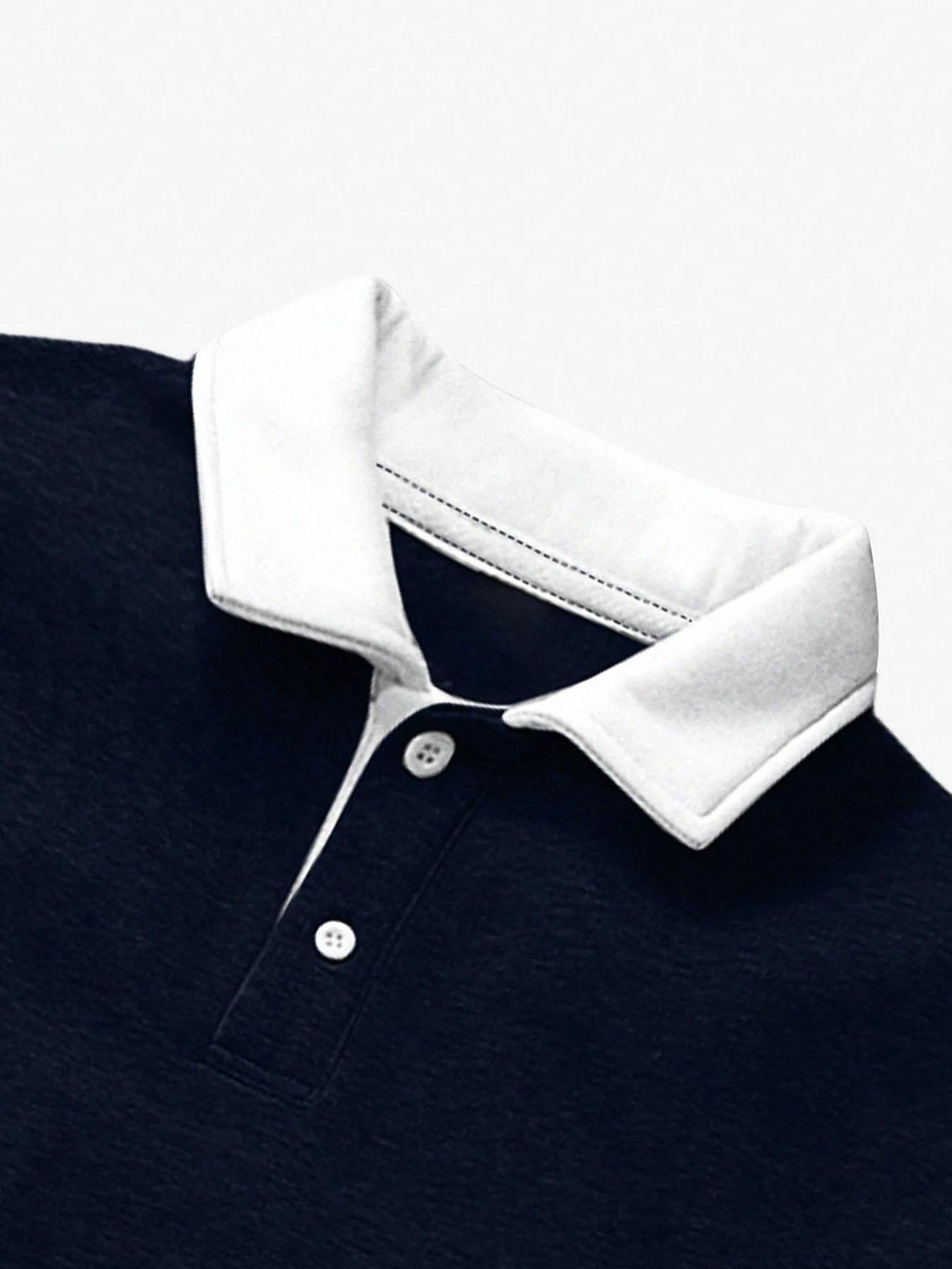 Men's Loose Fit Colorblock Collar Long Sleeve Graphic Polo Shirt, Casual Street Style, Fashionable Outdoor Sports Wear, All Seasons