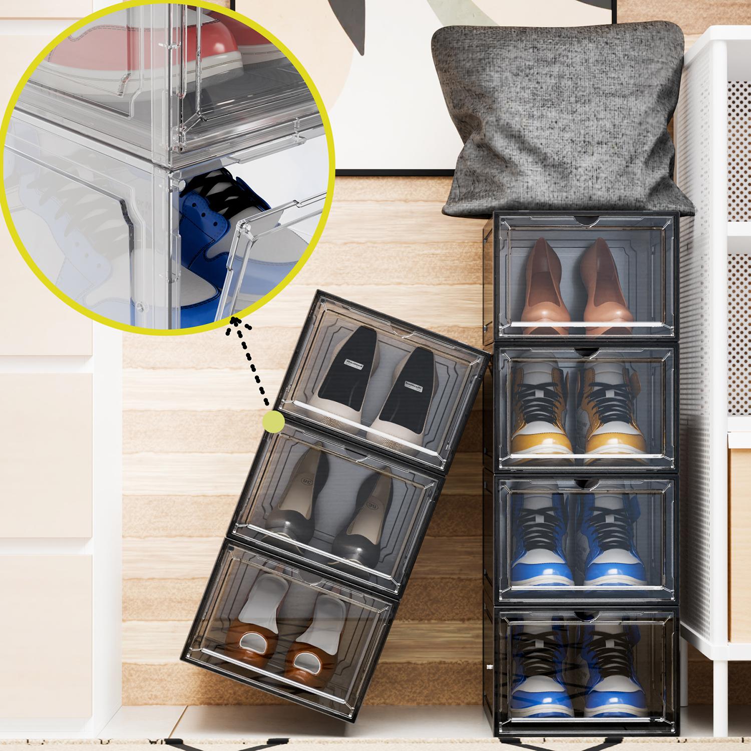 6 Pack Clear Magnetic Stackable Shoe Organizer With Magnetic suction door,   Space Saving Storage Organizer For Entryway, Bedroom, Home, Dorm, Etc