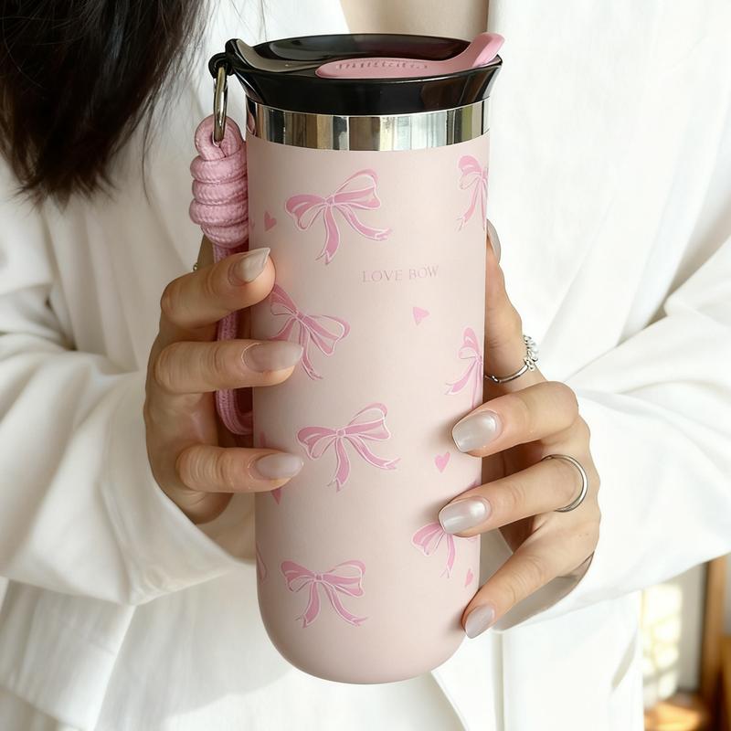 500ML Double-Layer Stainless Steel Insulated Travel Mug with Bow Pattern, Perfect Travel Cup for Home Office School & Car, Great Gift for Christmas Mother's Day Valentine's Day, Insulated Tumbler
