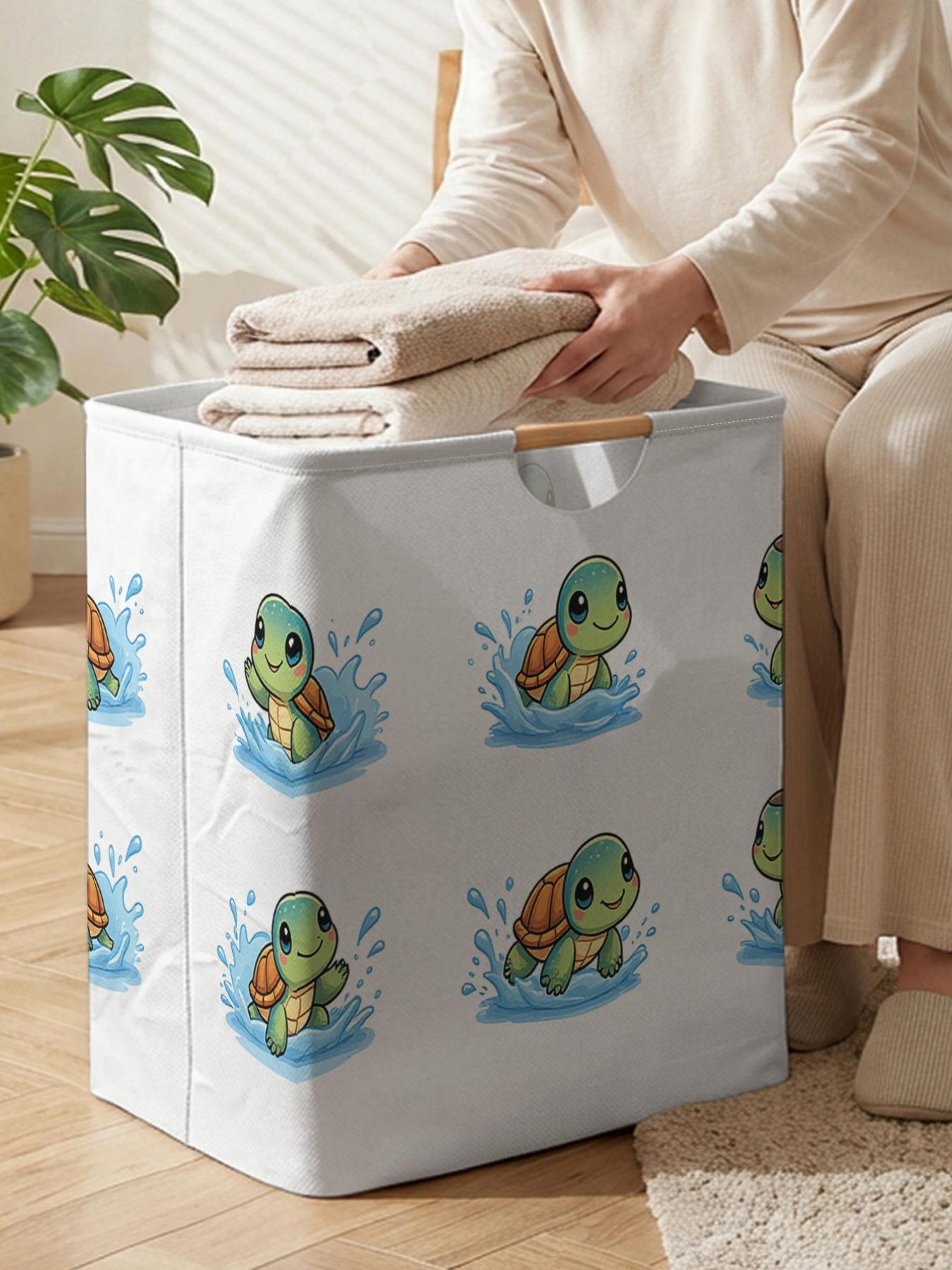 Turtle Pattern Printed Open Storage Bin, Foldable Laundry Basket Storage Bag with Handles, Household Foldable Laundry Hamper for Bathroom and Dirty Clothes Storage