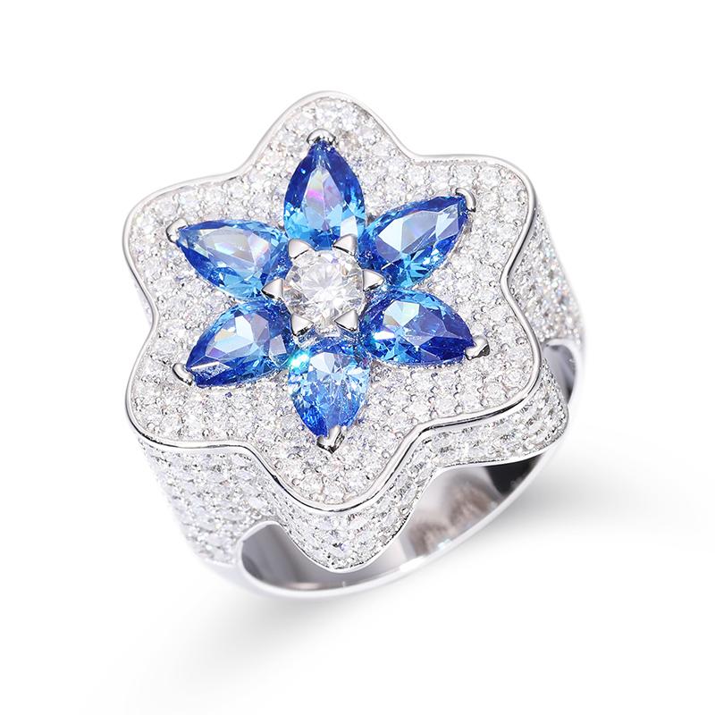 【#R306 】925 Sterling Silver Lucky Clover Cross Ring With Pink Blue Water Drop Stone Iced Out Couple Rings for Women Men Hip Hop Gifts