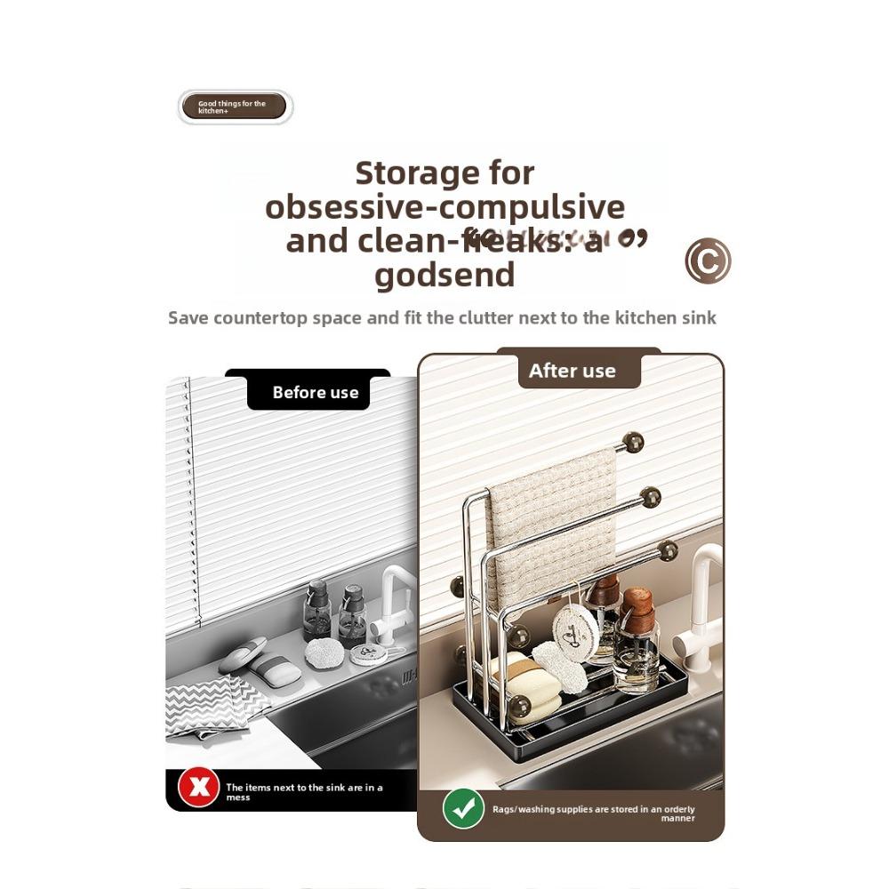 Kitchen stainless steel countertop organizer, household multi-layer storage rack with drain tray, rag holder, corner shelf for countertop, kitchen organizer, kitchen storage rack