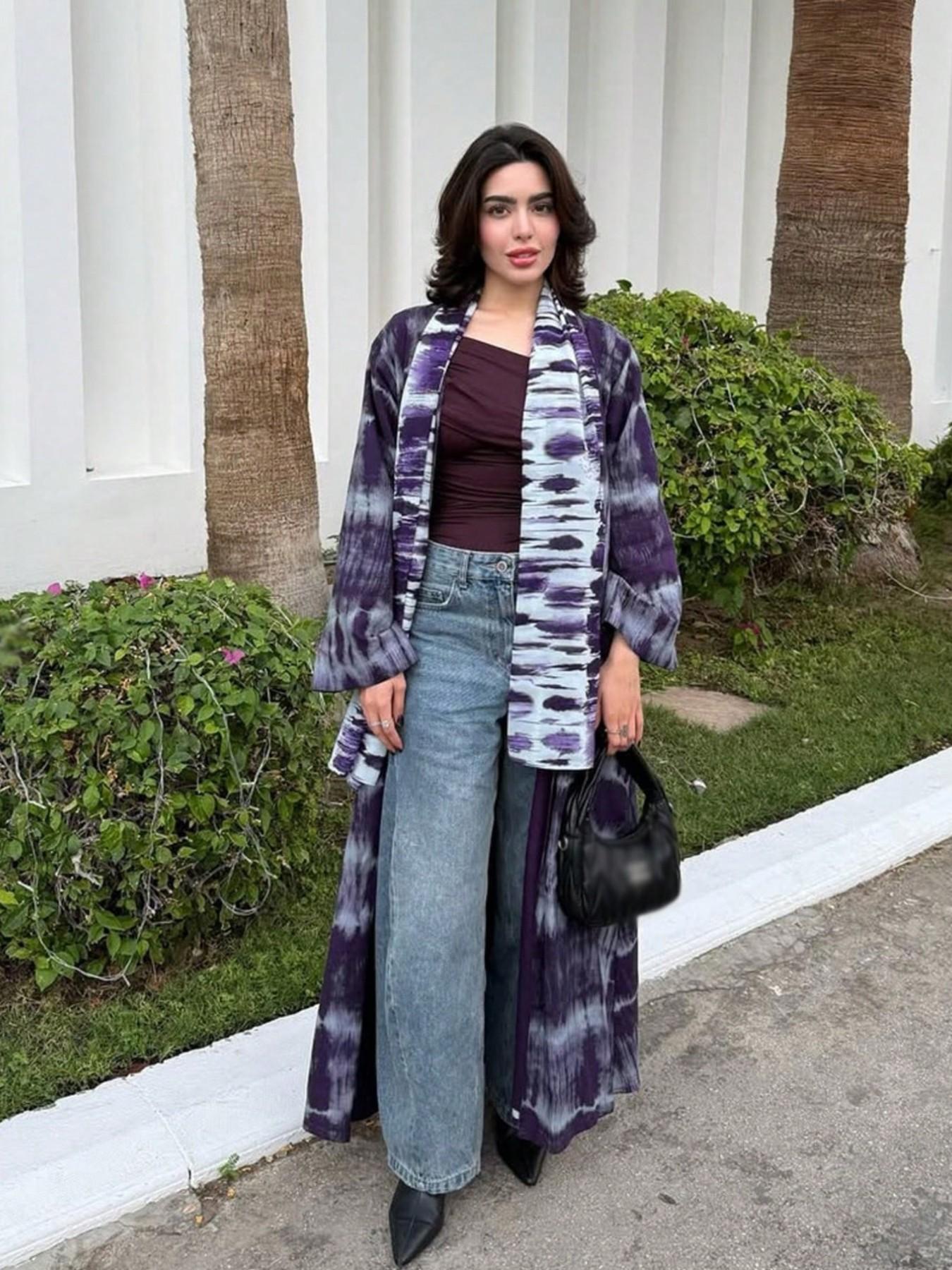 Hafizah Tie-Dye Colorblock Long Cardigan Matching Scarf Set, Loose-Fitting Oversized All-Over Print Outerwear, Casual Women's Fashion for All Seasons