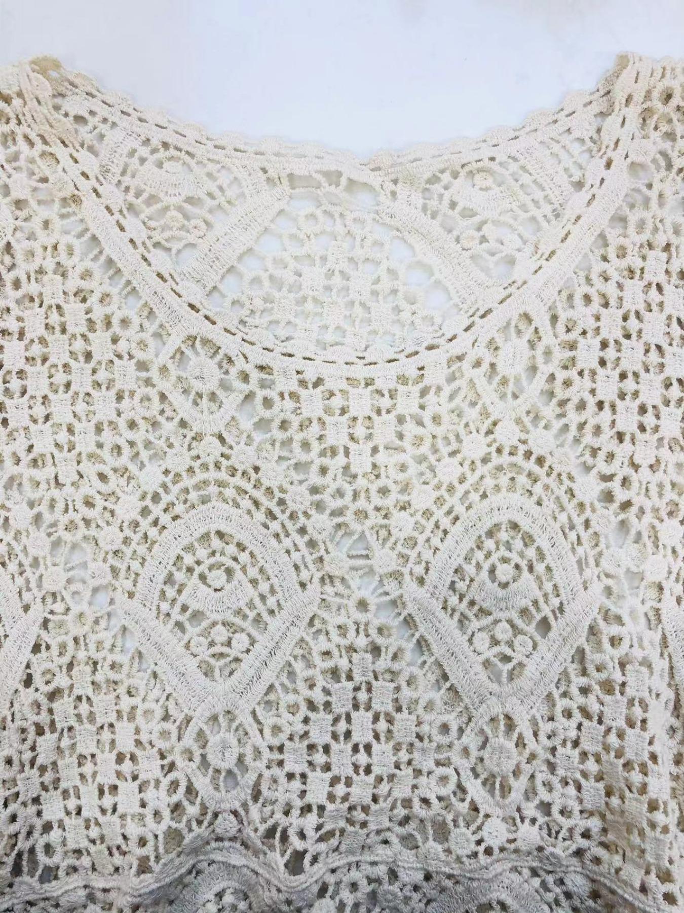 Women's Plain Hollow Out Swimwear Cover Up Top, Casual Scoop Neck Cover Up Top for Beach Vacation, Ladies Clothes for All Seasons