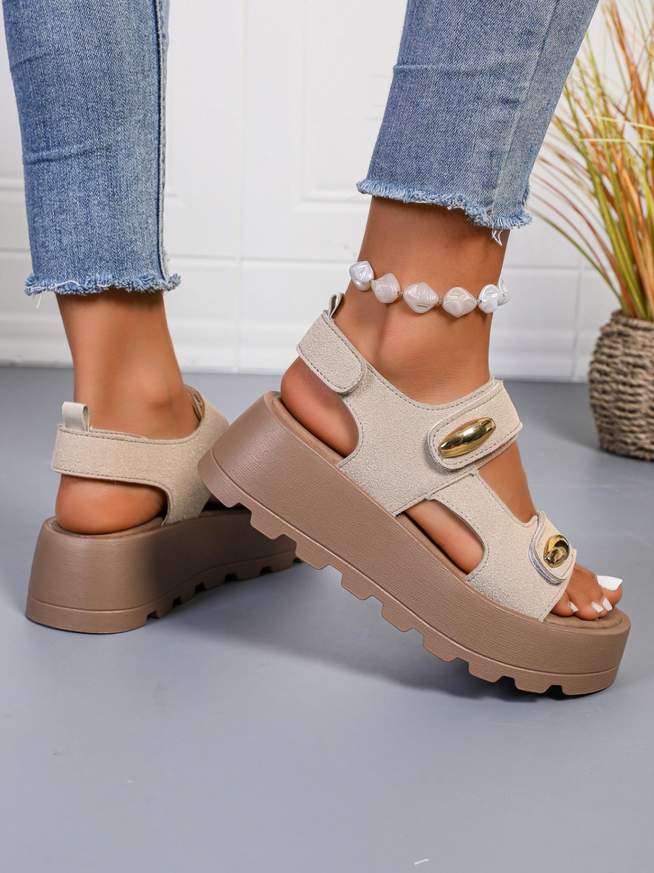 Magic Tape Thick Sole Slippers, 5cm Heel Lift, Breathable Summer Footwear, Plain Design, PU Upper, Rubber Sole, Less Than Ankle Height