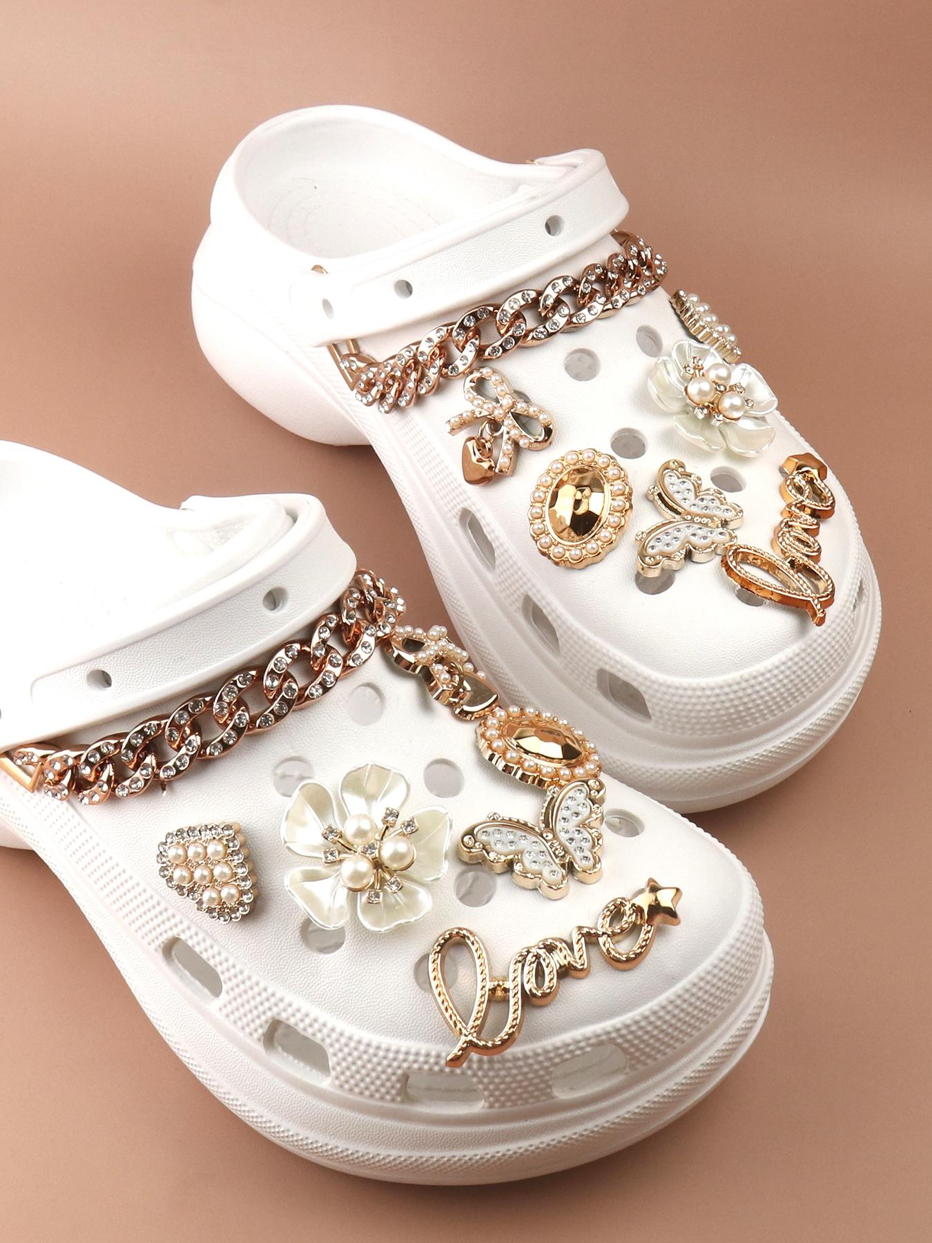 14pcs Fashionable Rhinestone & Letter Decorated Shoes Decorations, Chain & Bowknot Design Shoes Charm Rhinestone Shoes Charms For Vented Clogs Decoration