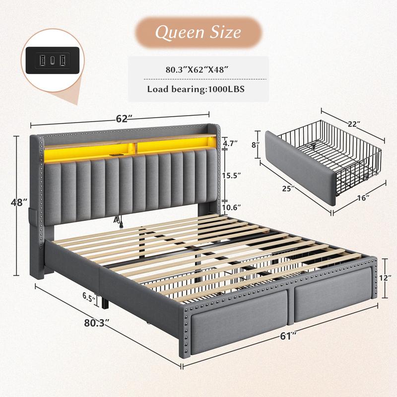 Luxury King/Queen/Full Bed Frame with Storage Shelf & 2 Drawers,NO MATTRESS, Upholstered Bed Frame with LED &Power Outlet, Holds 1000lbs, No Noise, Metal Frame & Wood Slats