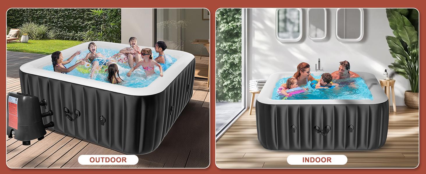 MOPHOTO Inflatable Hot Tub, 73"X73"X25" Portable Blow Up Hot Tub for 4-6 Person, Square Outdoor Spa with 130 Bubble Jets and Heater Pump, Filter Durable inflatable pool MOPHOTO Inflatable Hot Tub, 73"X73"X25" Portable Blow Up Hot Tub for 4-6 Person, Square Outdoor Spa with 130 Bubble Jets and Heater Pump, Filter Durable inflatable pool