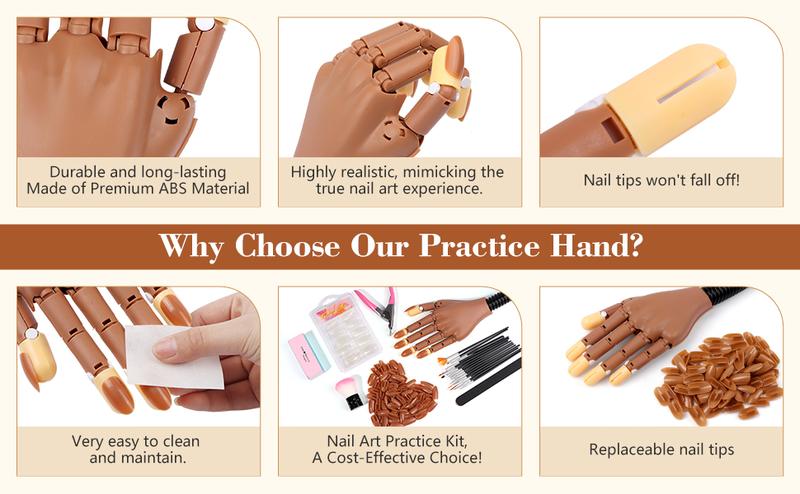 Practice Hands Kit for Acrylic Nail, Removable Nail Model Hands, Manicure Hands for Beginners to Practice, Comes with 200 Nails
