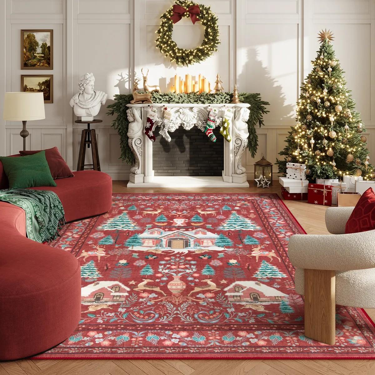Vintage Christmas Living Room Carpet, Non-Slip Soft Rug, Home Decorative Rug, Festive Home Decor Gift, Ideal for Dining Room Office Bedroom
