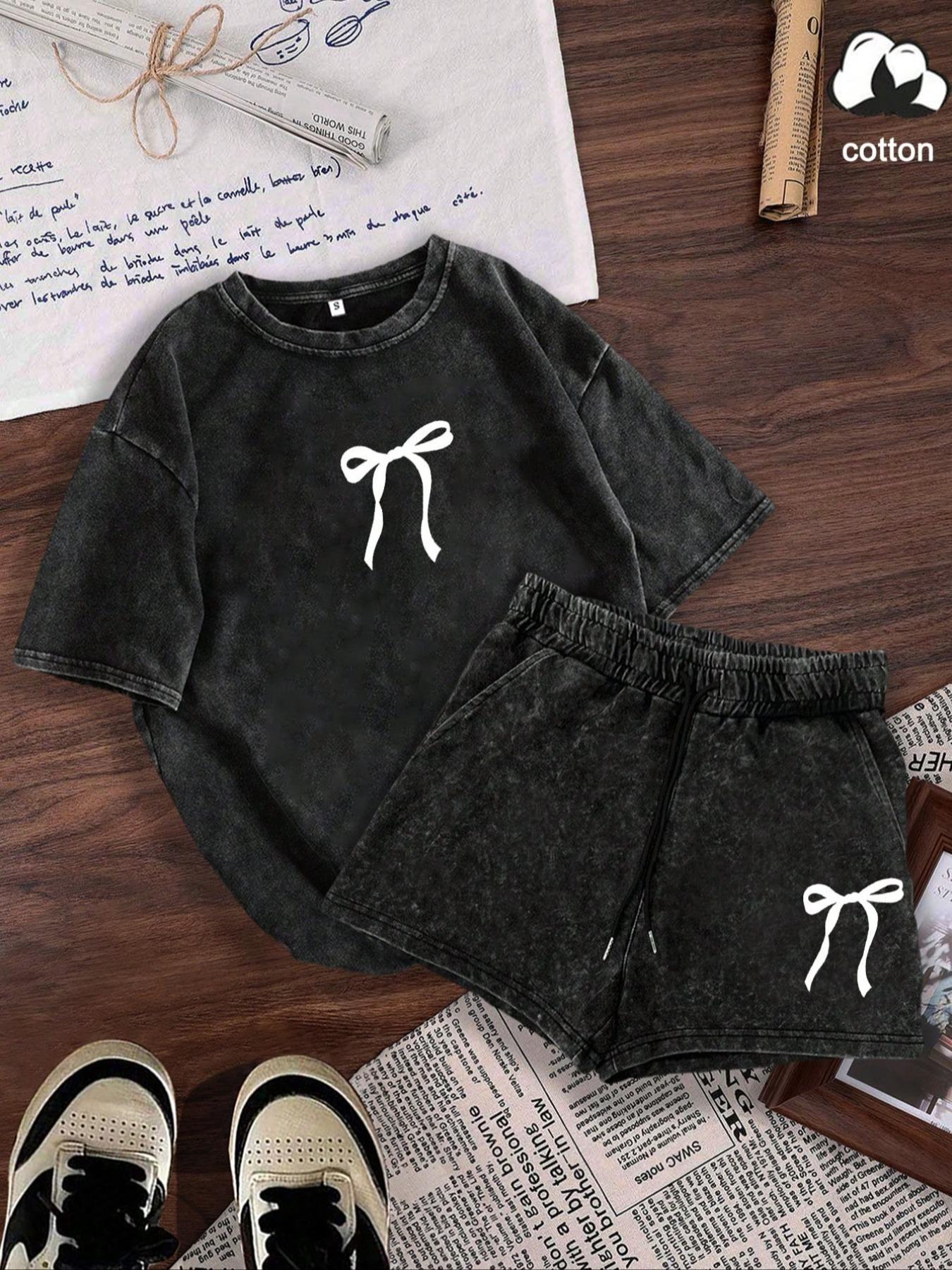 Women's Two-Piece Set, Bow Print Short Sleeve Tee & Shorts Outfit, Casual Round Neck T-Shirt & Shorts for Daily Wear, Suits, Fashion Clothing Set