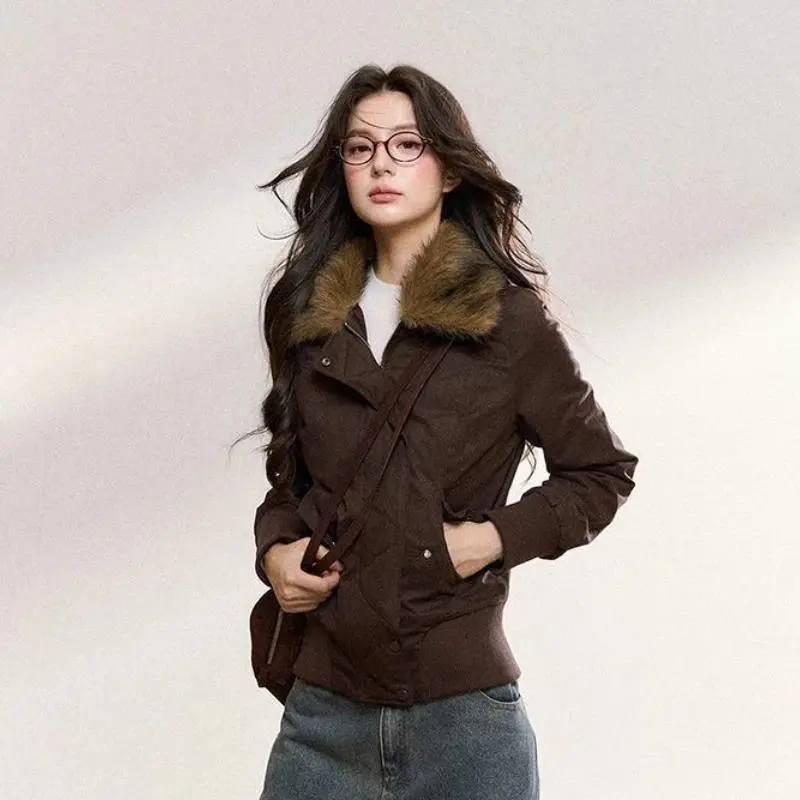 Winter Casual Warm Faux Fur Hooded Jacket Woman American Style Y2k Elegant Coat Aesthetic Fashion Vintage Clothing Chic