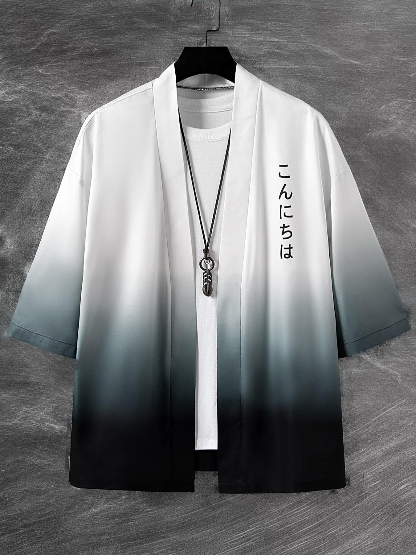 Men's Loose Ombre Kimono with Japanese Letter Graphic, Casual Style, Moderate Fabric, Perfect Gift for Boyfriend, Summer Wear