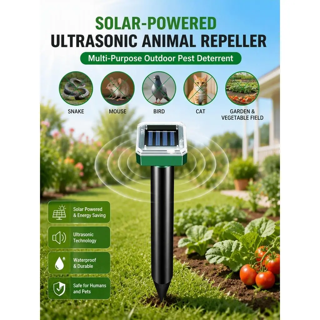 Waterproof Solar‑Powered Ultrasonic Repeller, Outdoor Electronic Deterrent for Snake, Mouse, Bird and Cat, Pest Repellent for Garden & Vegetable Plot