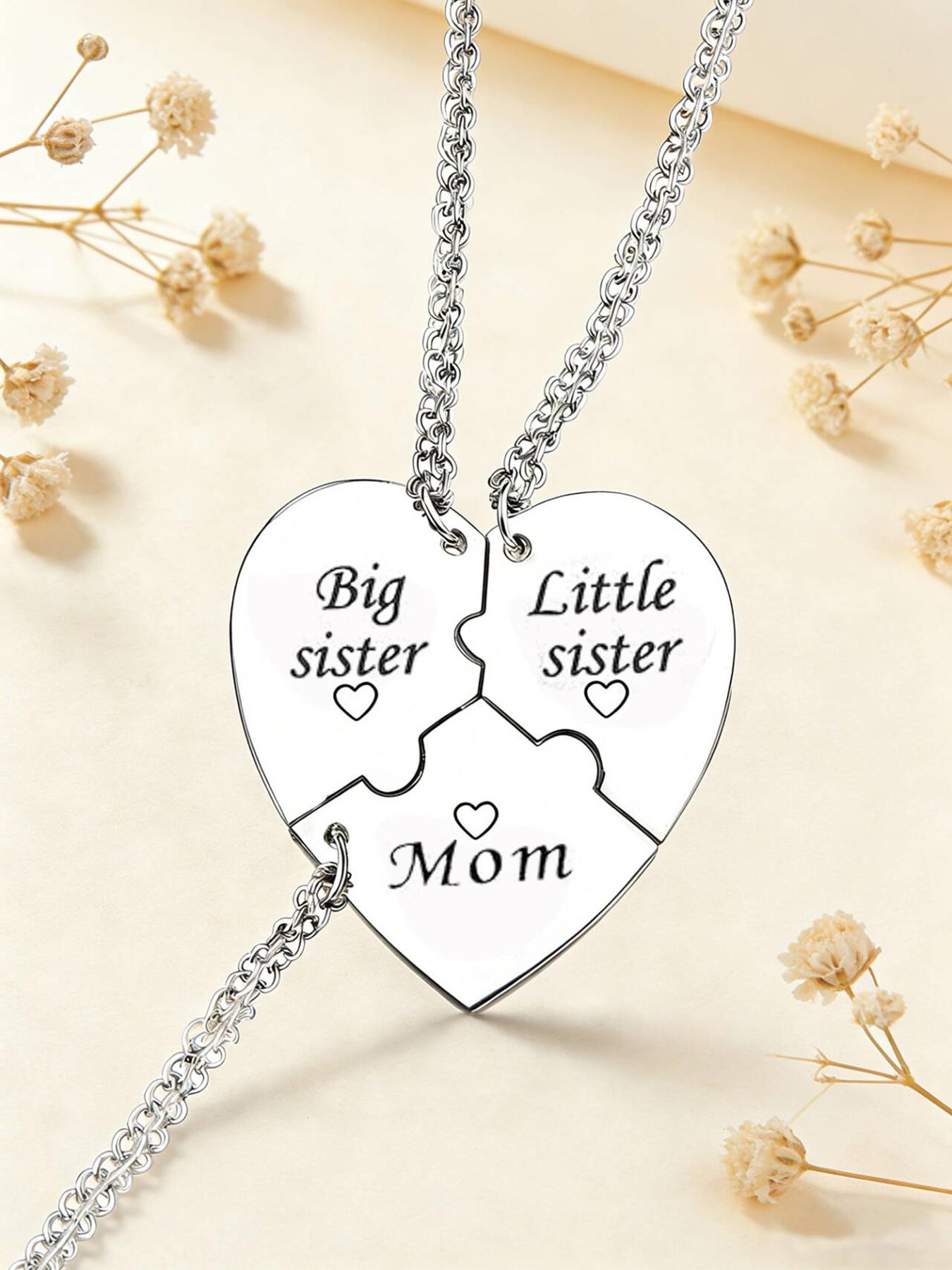 Set Of 3 Mother Sister Brother Heart Pendant Necklaces Stainless Steel Matching Family Love Jewelry Gifts