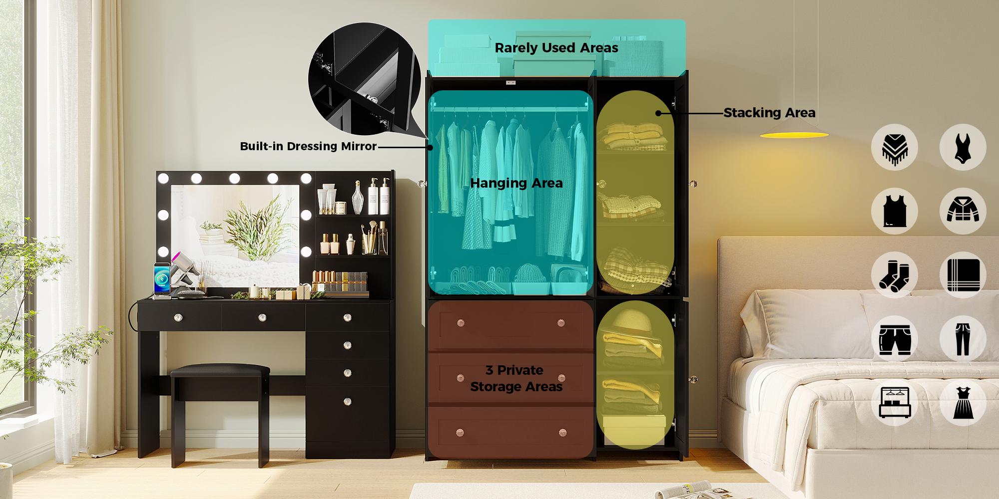 【2 Packages Delivery】VOWNER Wardrobe Bedroom Tall Armoire Closet Organizer with Big Drawers Large 4 Doors Mirror Hanging Rails and Shelves Clothes Storage Cabinet for Bedroom