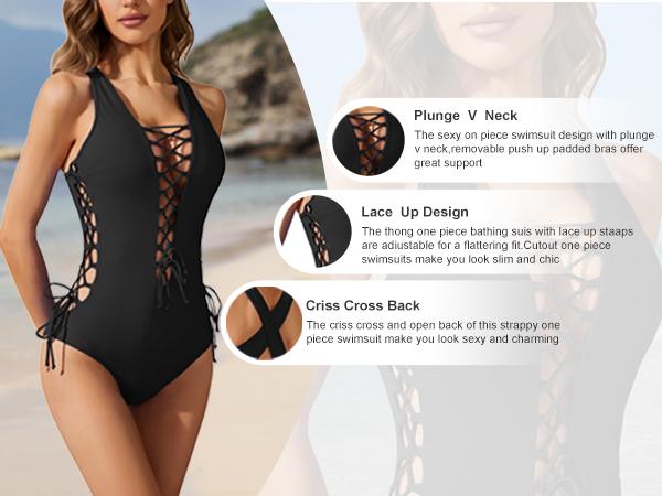 Holipick Women Sexy One Piece Swimsuit One Shoulder Bathing Suit Lace Up Swimwear