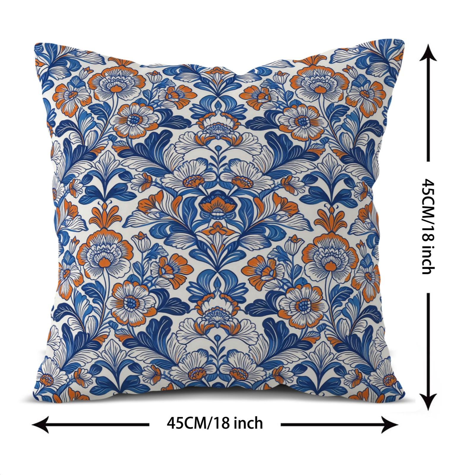 1 Piece Bohemian Blue Orange Floral Throw Pillow, HD Digital Printed Decorative Cushion, Aesthetic Boho Accent Pillow for Sofa, Couch, Bed and Living Room Home Decor