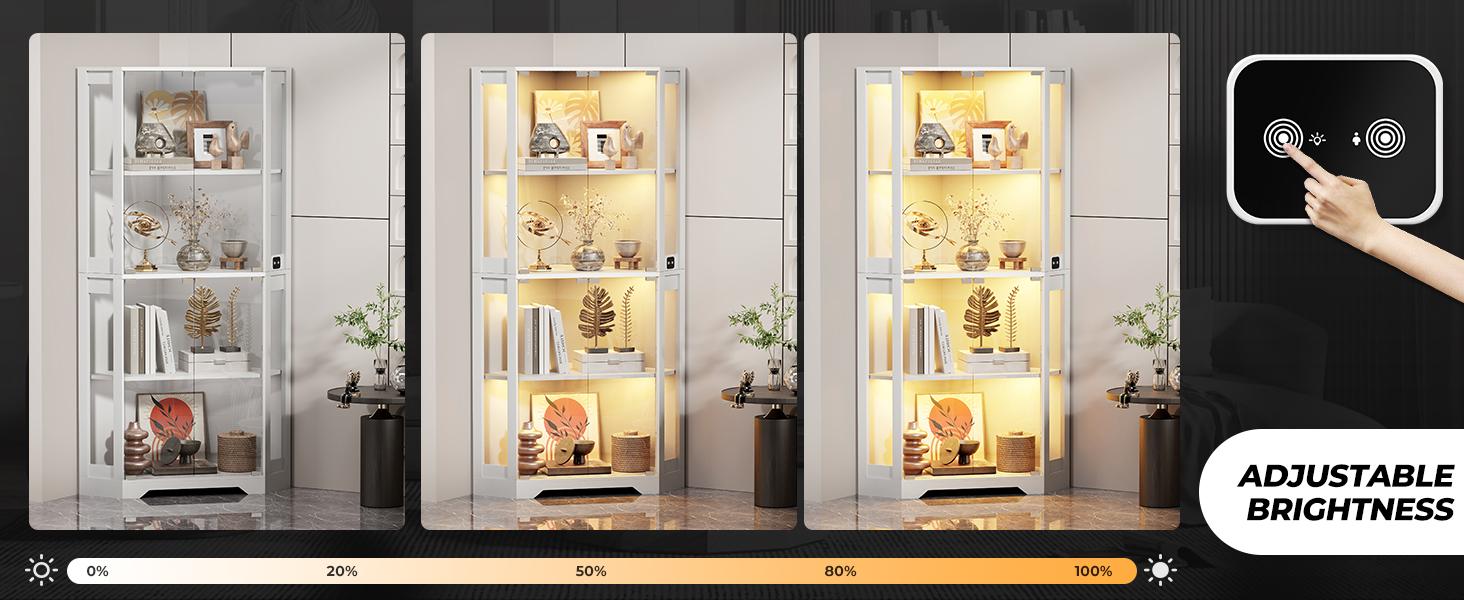 MIIFUNY Corner Display Cabinet with Glass Doors, 65" Lighted Curio Display Case with 3 Color Lights for Collectibles, 4-Tier Bookcase with Human Body Sensor for Living Room, White