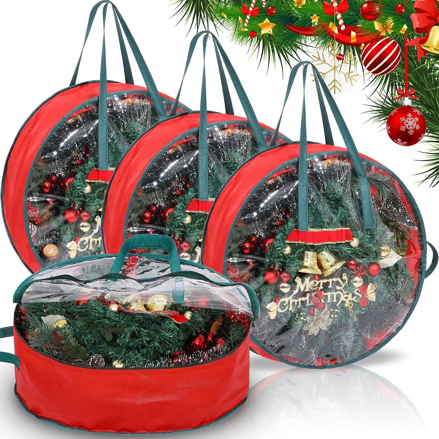 4 Pcs 24 Inch Red Wreath Storage Bag Clear Wreath Storage Containers with Clear Window and Handle for Holiday Seasonal Garland Storage